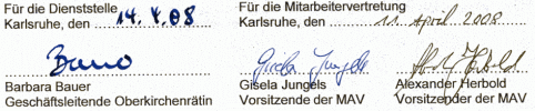 Bild zeigt die Unterschriften der Dienststellenleitung und der MAV